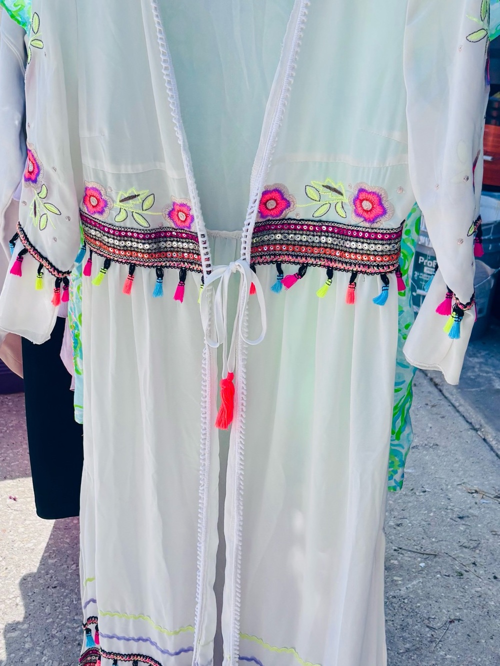 Cream Embroidered Tie-Front Maxi Dress with Neon Tassels